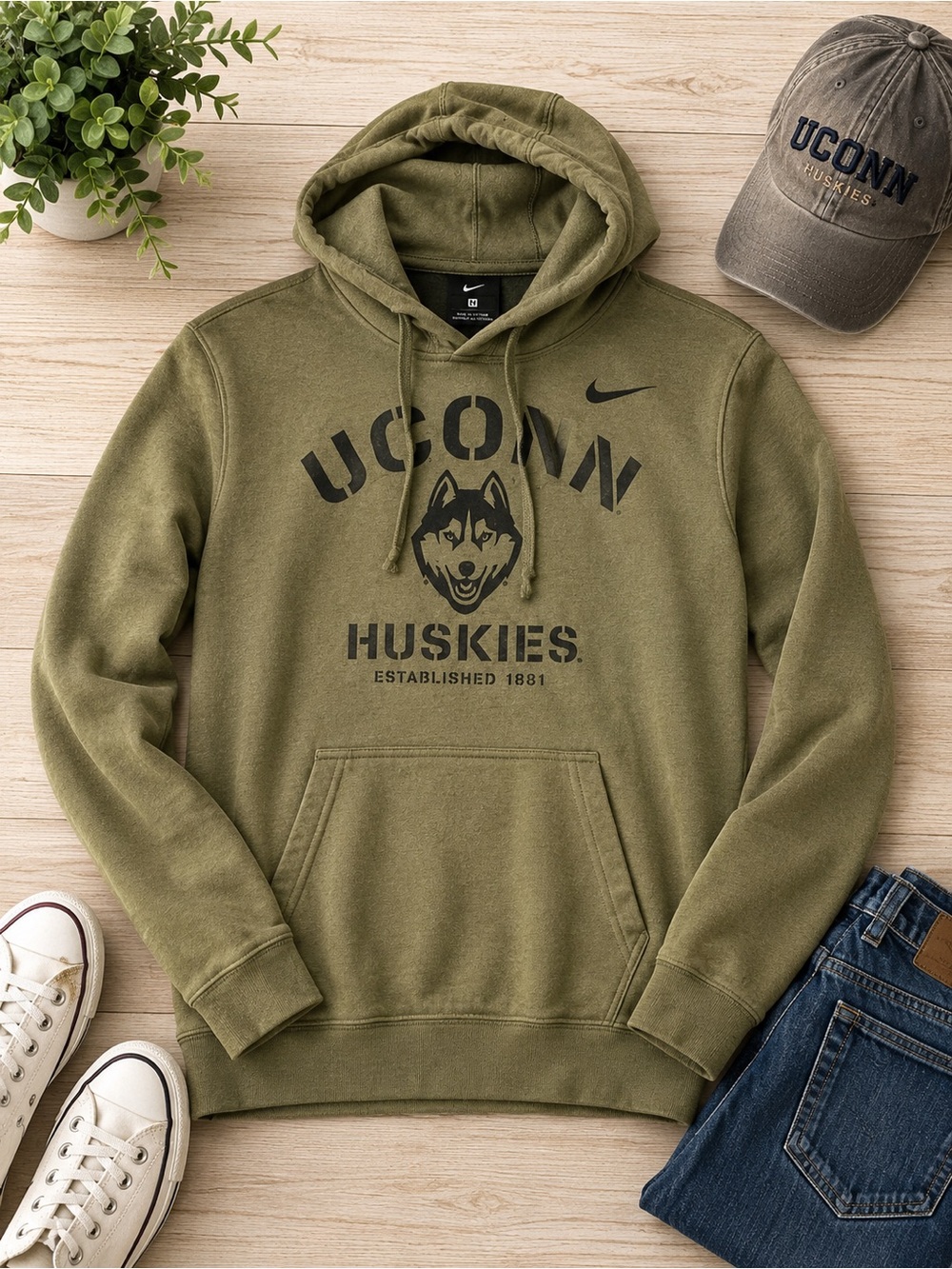 Nike Olive Green UConn Huskies Crewneck Hoodie